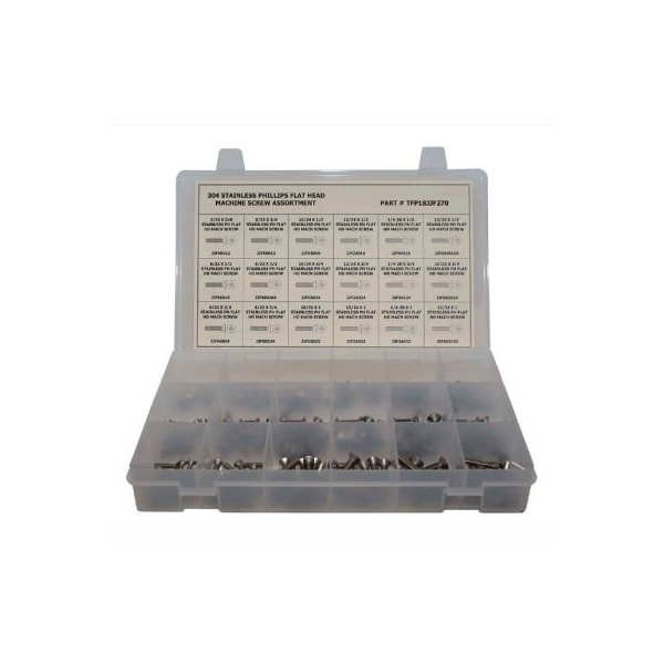 270 Piece Machine Screw Assortment - No 6 to 1/4" - Phillips Flat Head - 304 Stainless Steel